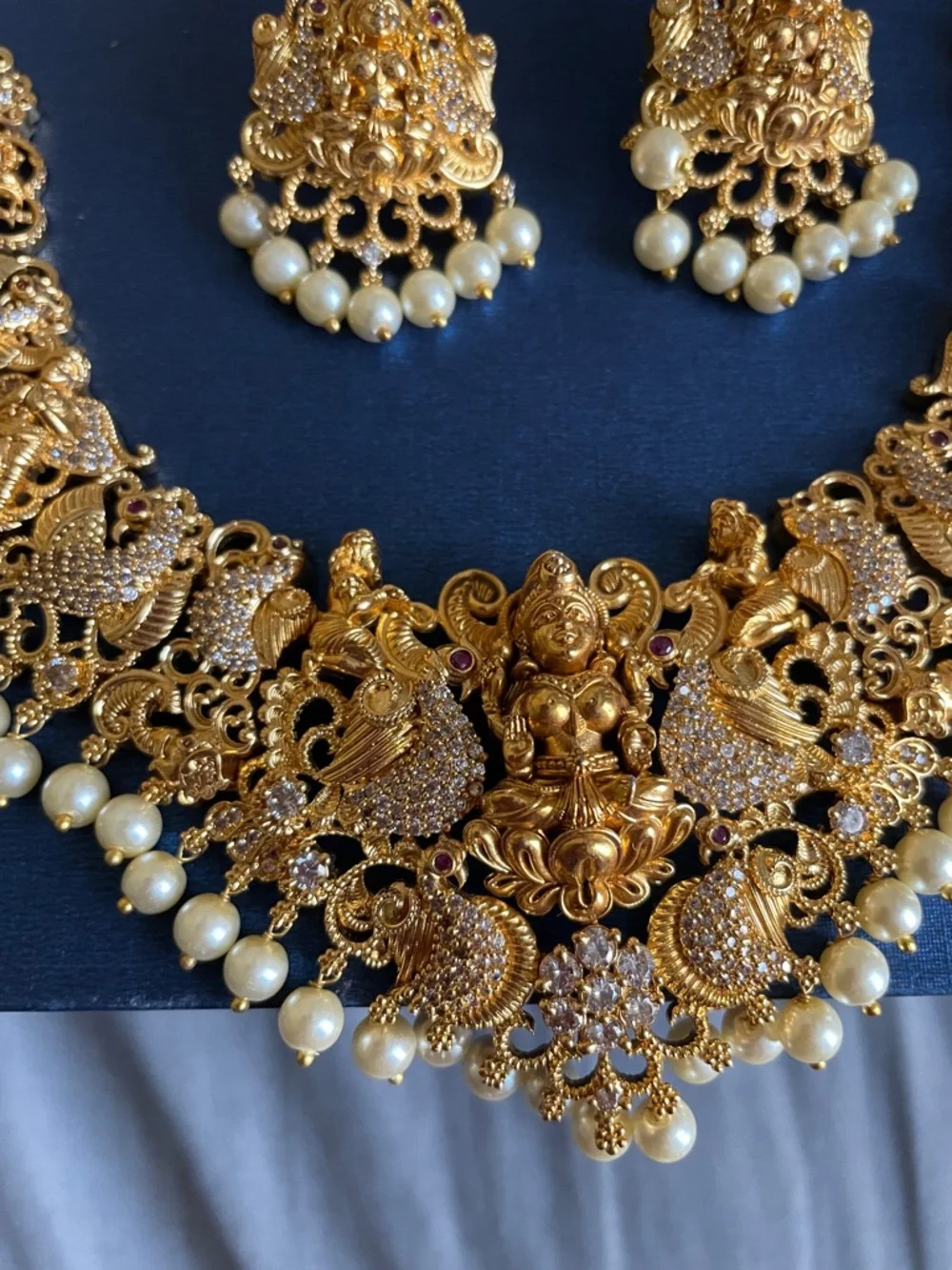 Traditional Gold-Tone Temple Necklace Set with Pearl Drops